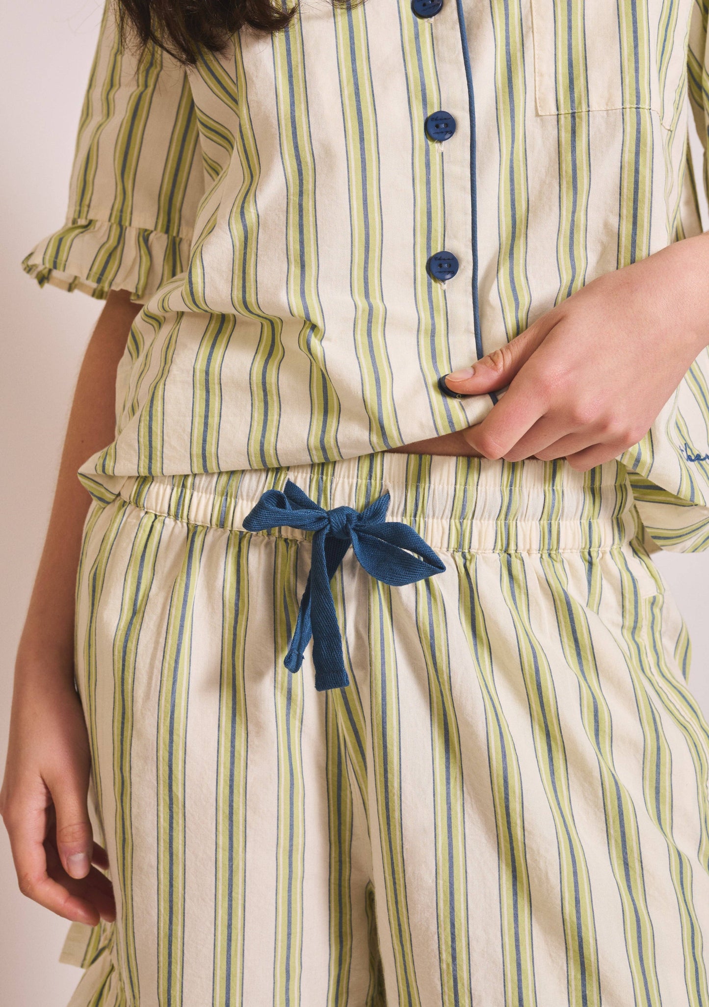 TBCo - Cotton Pyjamas in Olive Stripe Ruffle