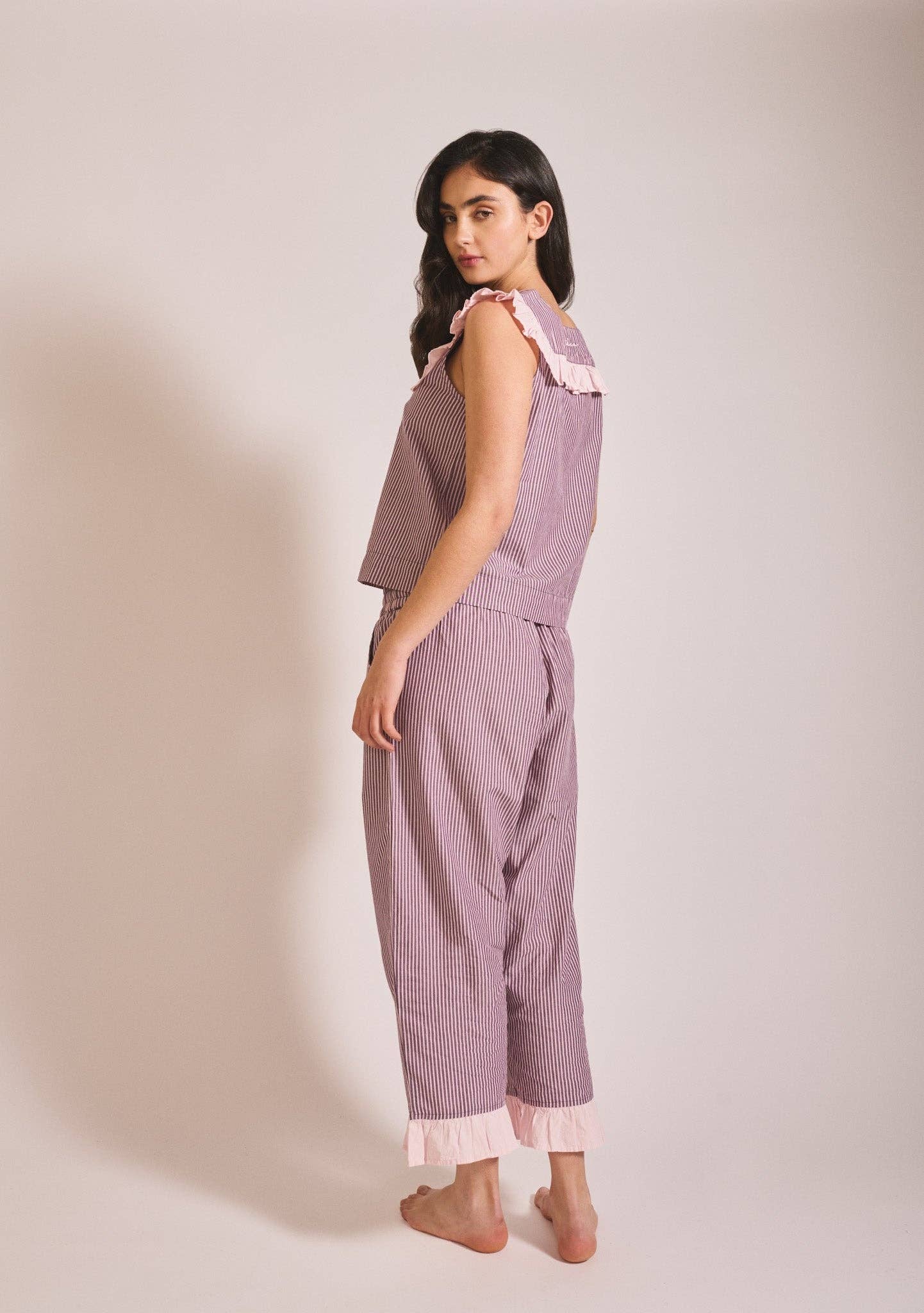 TBCo - Cropped Cotton Pyjamas in Burgundy Stripe Ruffle