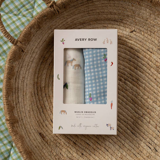 Avery Row - Organic Cotton Baby Muslin Swaddles, Set of 2 - Little Farm / Radish