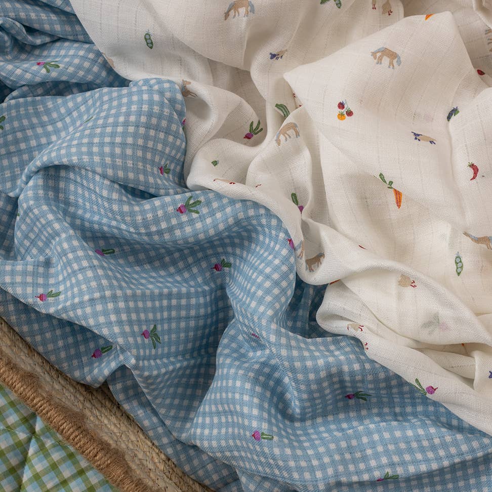 Avery Row - Organic Cotton Baby Muslin Swaddles, Set of 2 - Little Farm / Radish