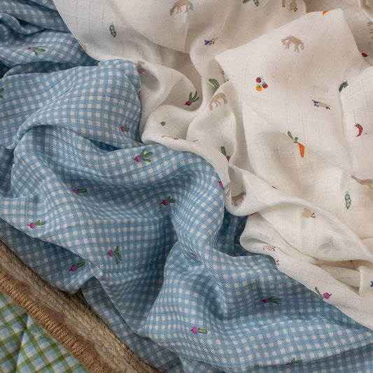 Avery Row - Organic Cotton Baby Muslin Swaddles, Set of 2 - Little Farm / Radish