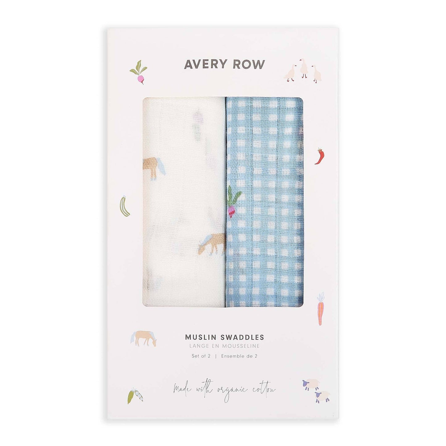 Avery Row - Organic Cotton Baby Muslin Swaddles, Set of 2 - Little Farm / Radish