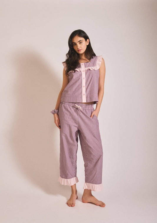 TBCo - Cropped Cotton Pyjamas in Burgundy Stripe Ruffle