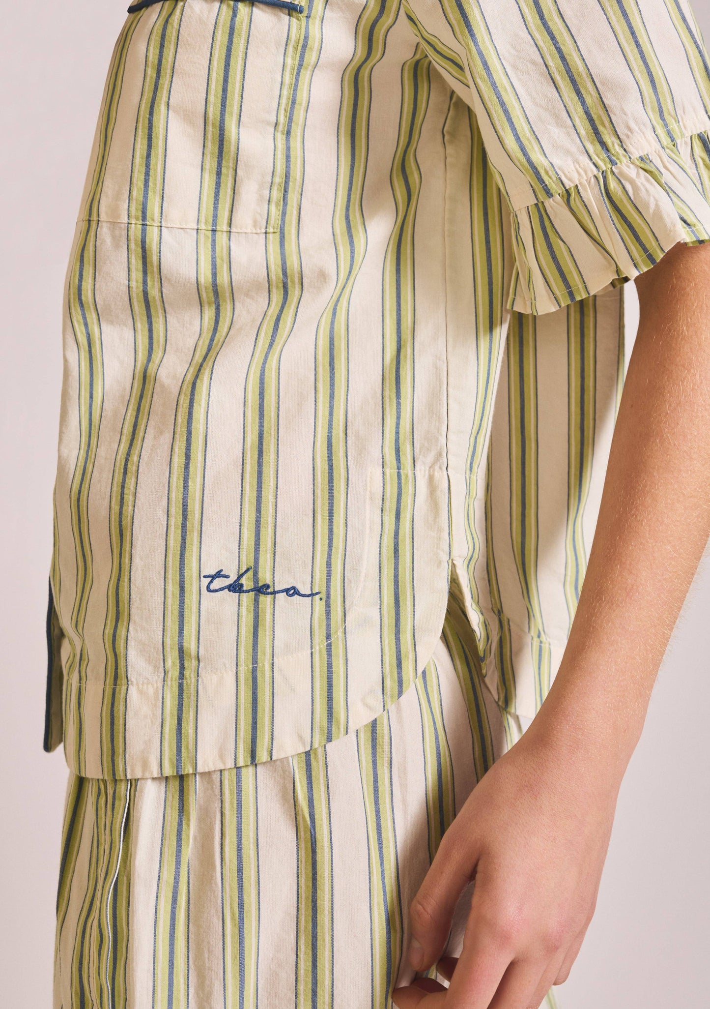 TBCo - Cotton Pyjamas in Olive Stripe Ruffle