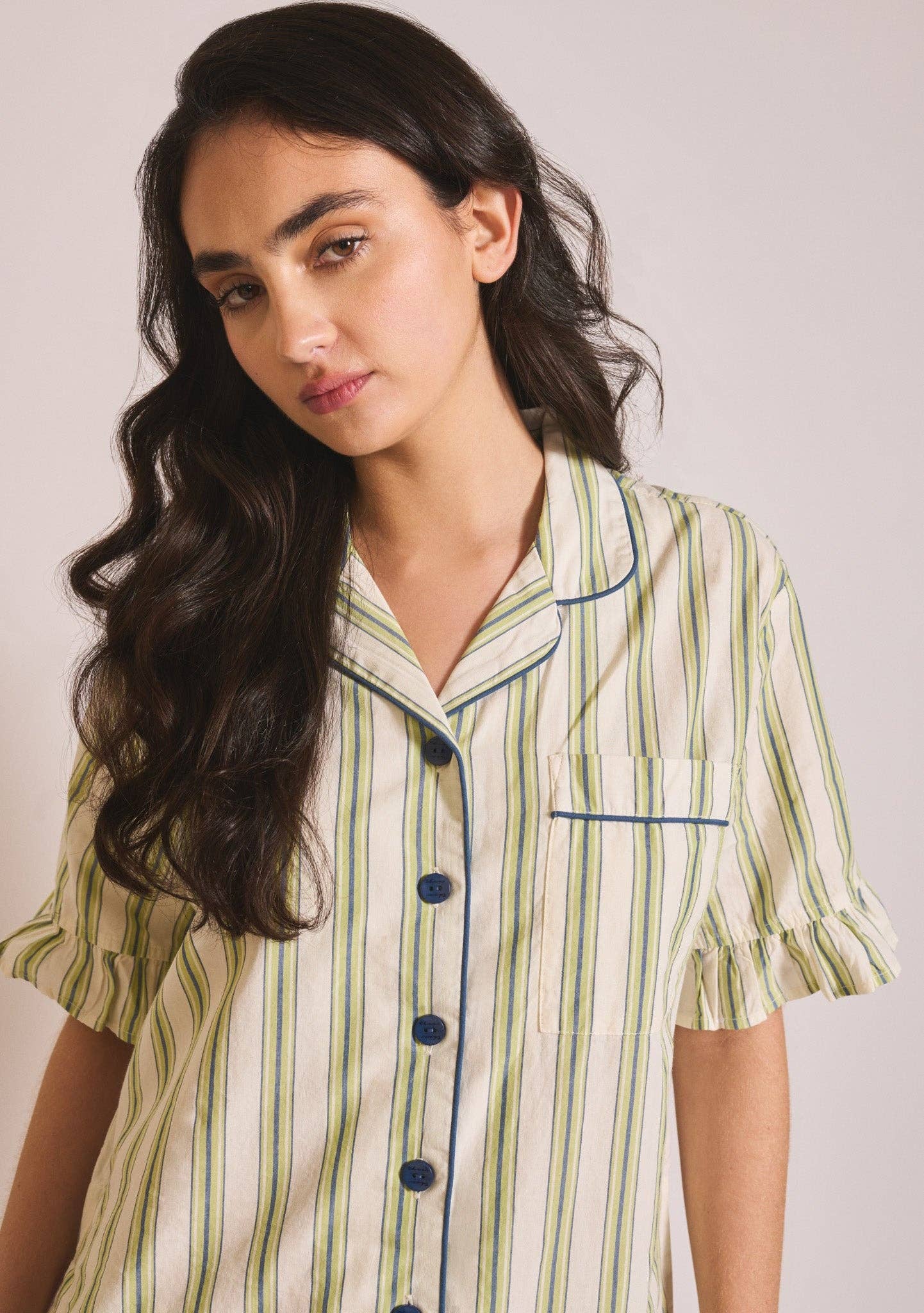 TBCo - Cotton Pyjamas in Olive Stripe Ruffle