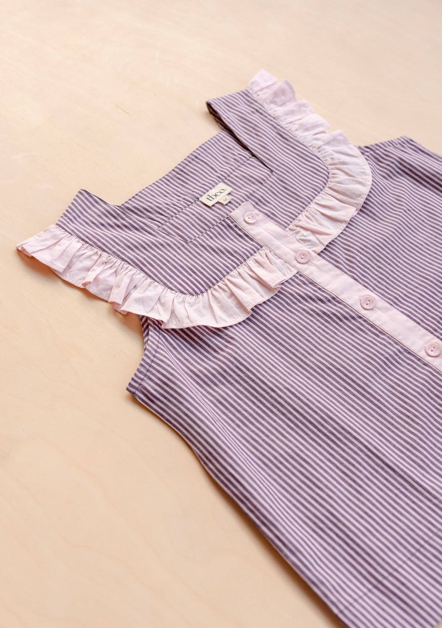 TBCo - Cropped Cotton Pyjamas in Burgundy Stripe Ruffle