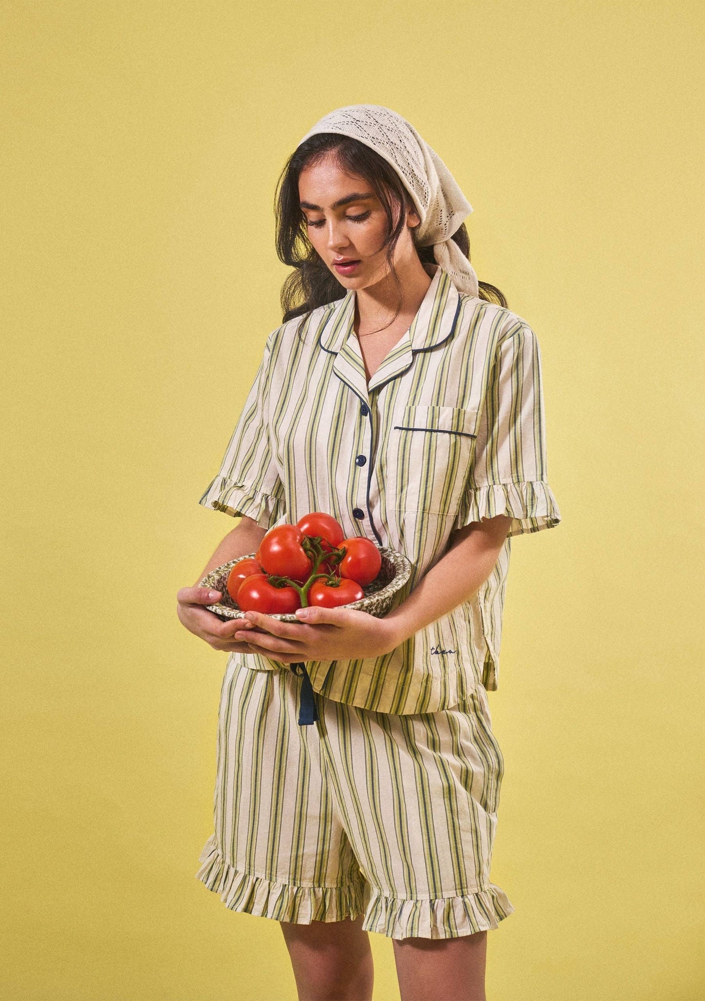 TBCo - Cotton Pyjamas in Olive Stripe Ruffle