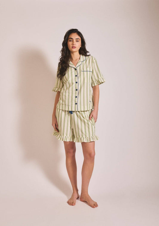 TBCo - Cotton Pyjamas in Olive Stripe Ruffle