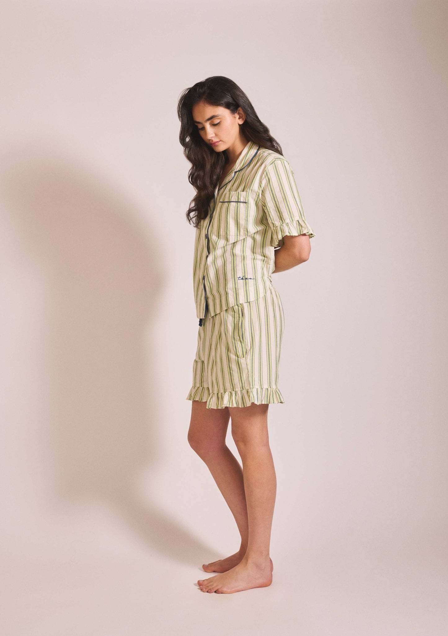 TBCo - Cotton Pyjamas in Olive Stripe Ruffle