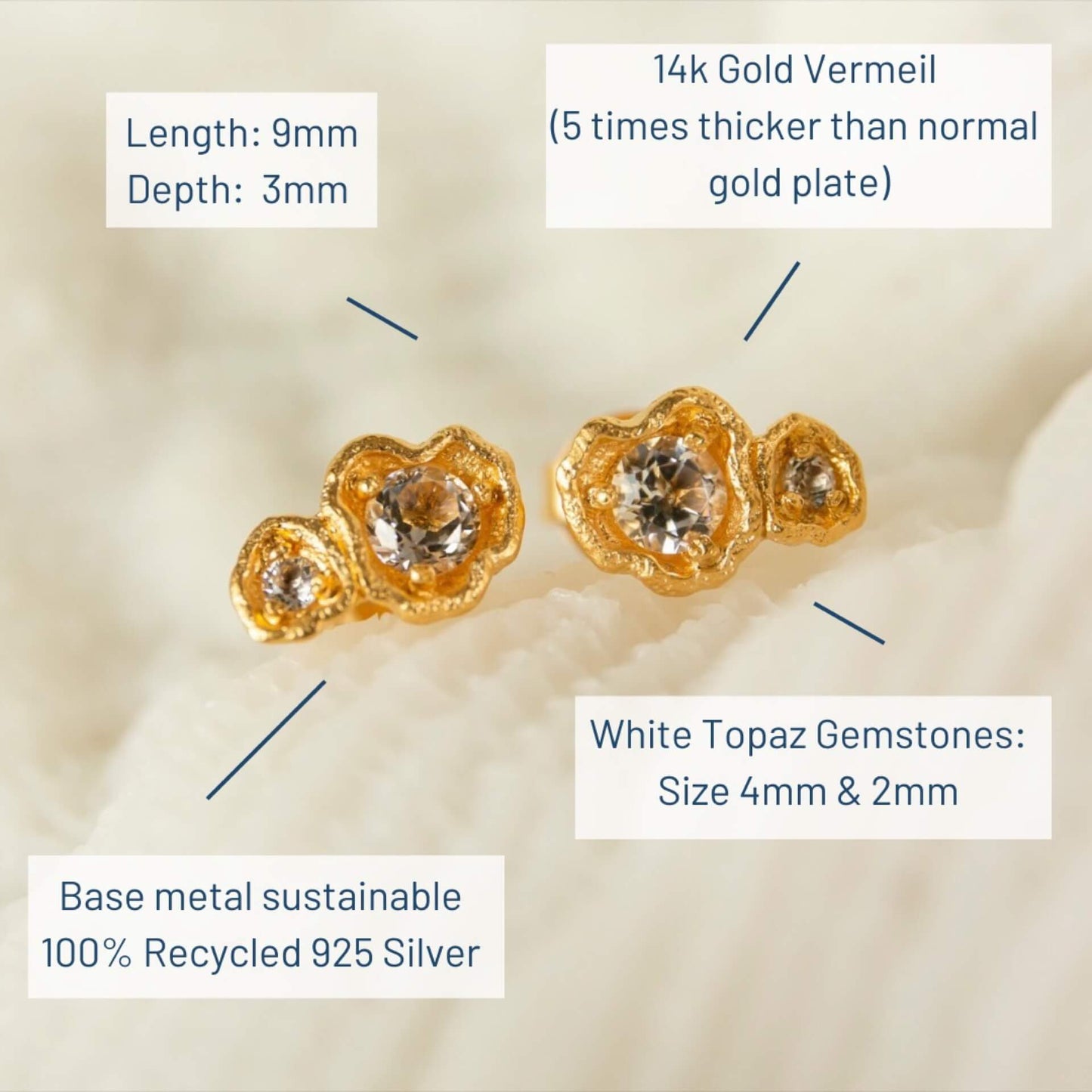 Claire Hill Designs - White Topaz Gold Vermeil Ear Climber Studs | Bestselling Everyday Luxury