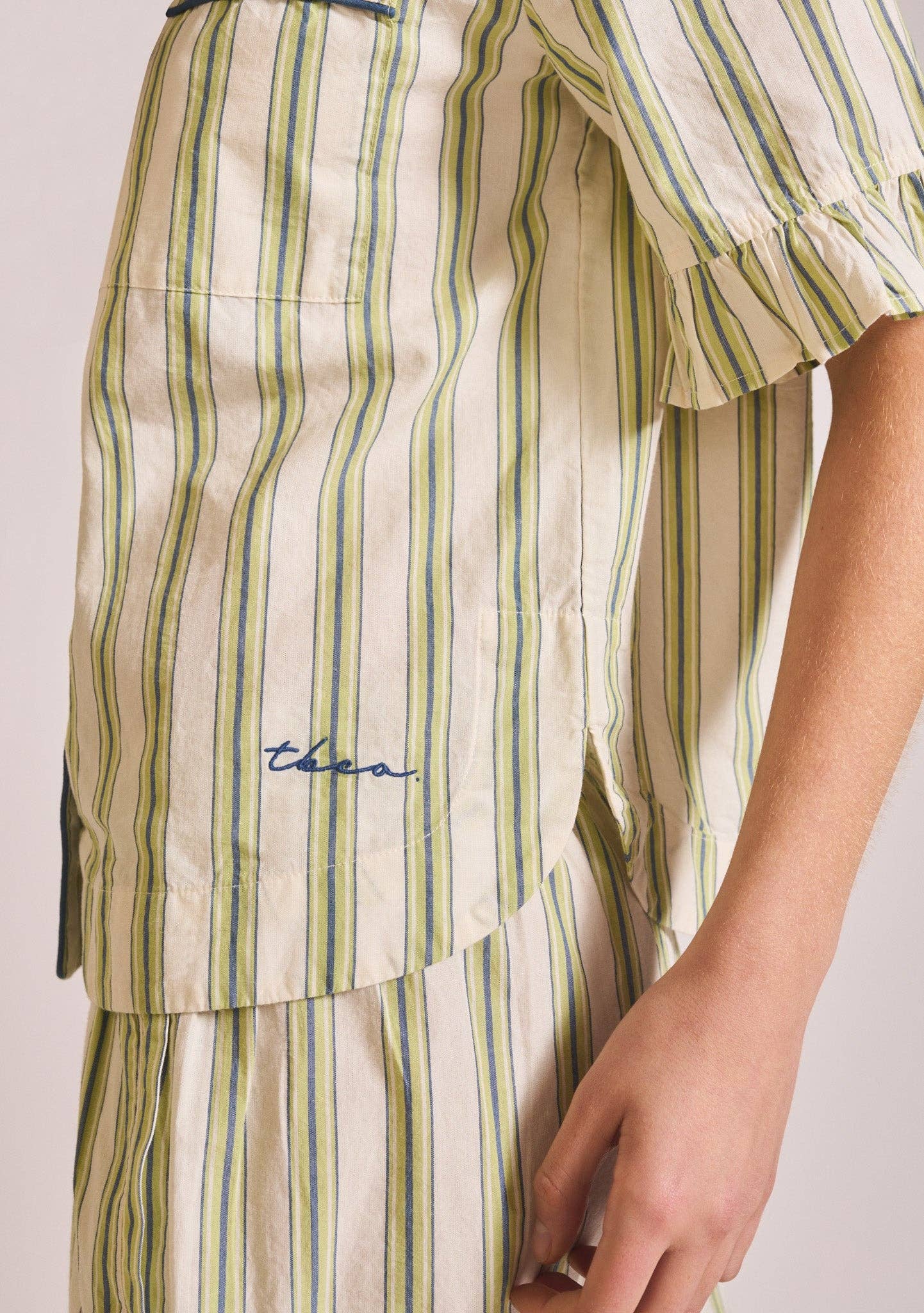 TBCo - Cotton Pyjamas in Olive Stripe Ruffle