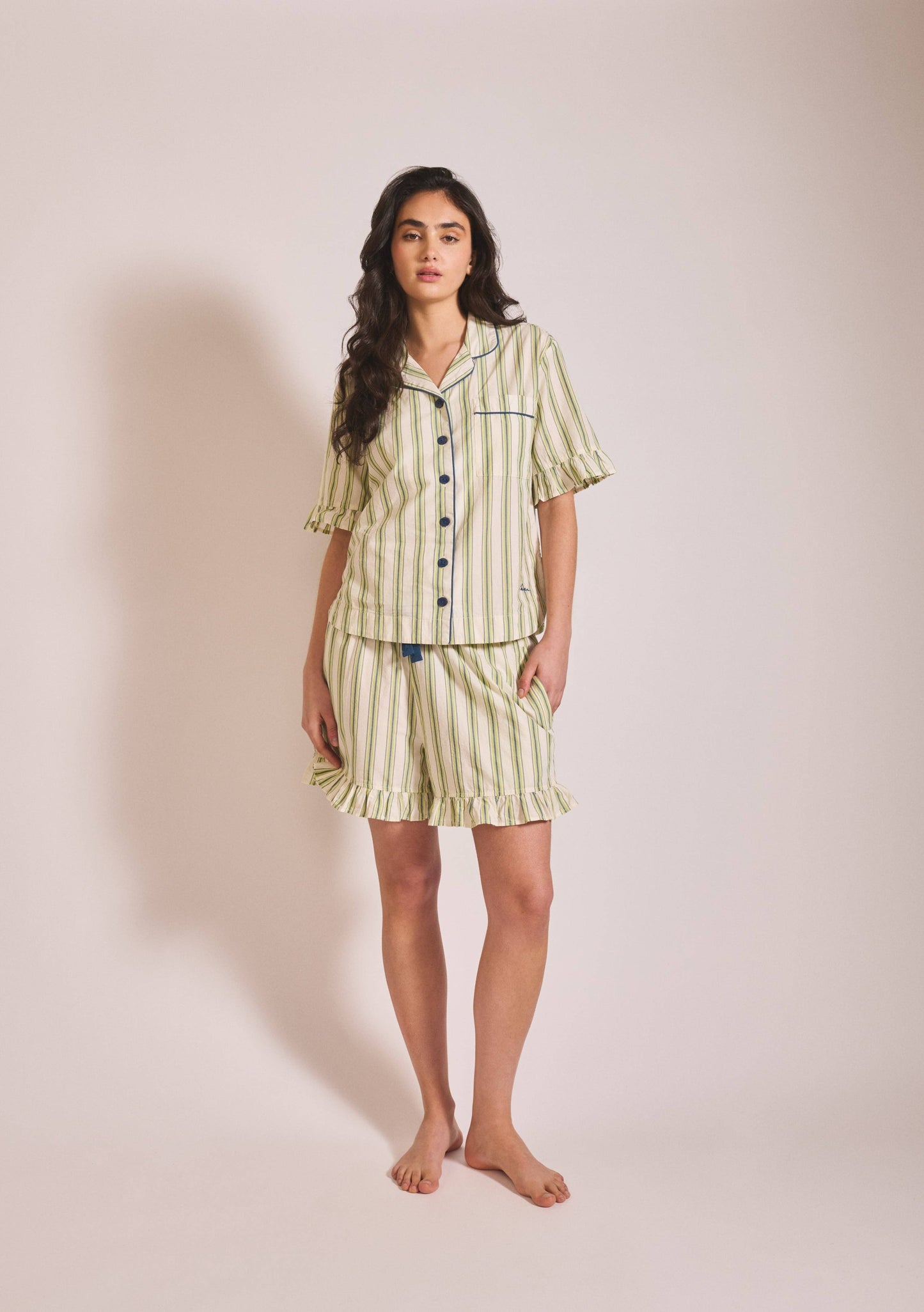 TBCo - Cotton Pyjamas in Olive Stripe Ruffle