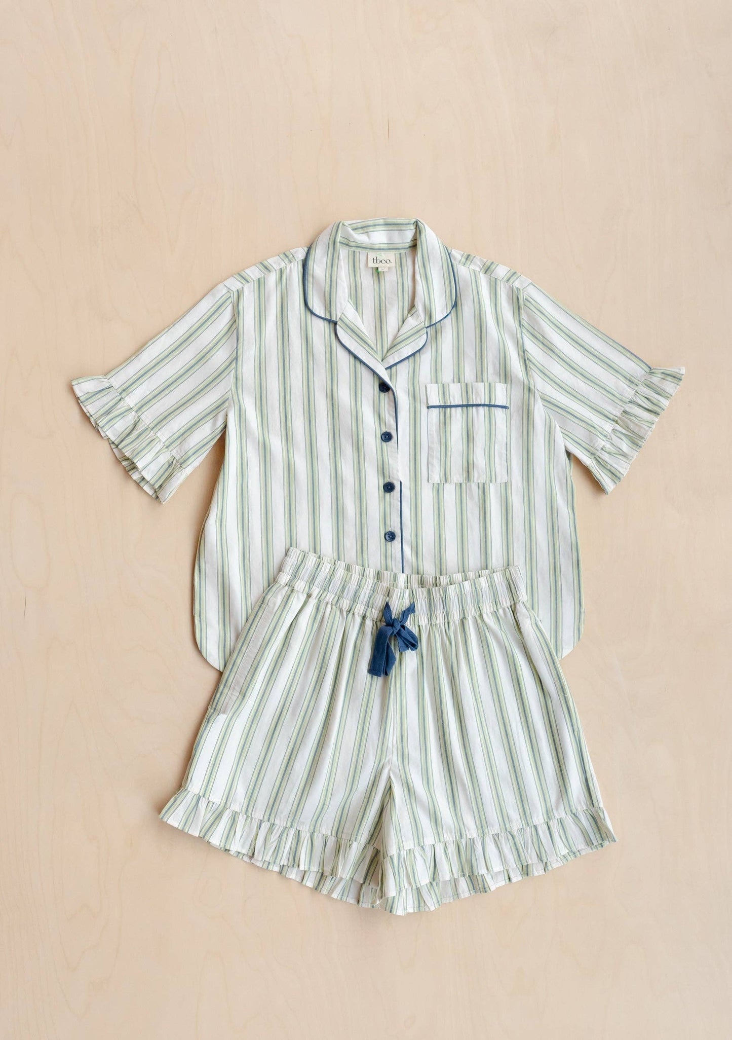 TBCo - Cotton Pyjamas in Olive Stripe Ruffle